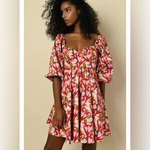 Anthropologie Hutch Pink Hearts Puff Sleeve Red Mini Dress Size 4